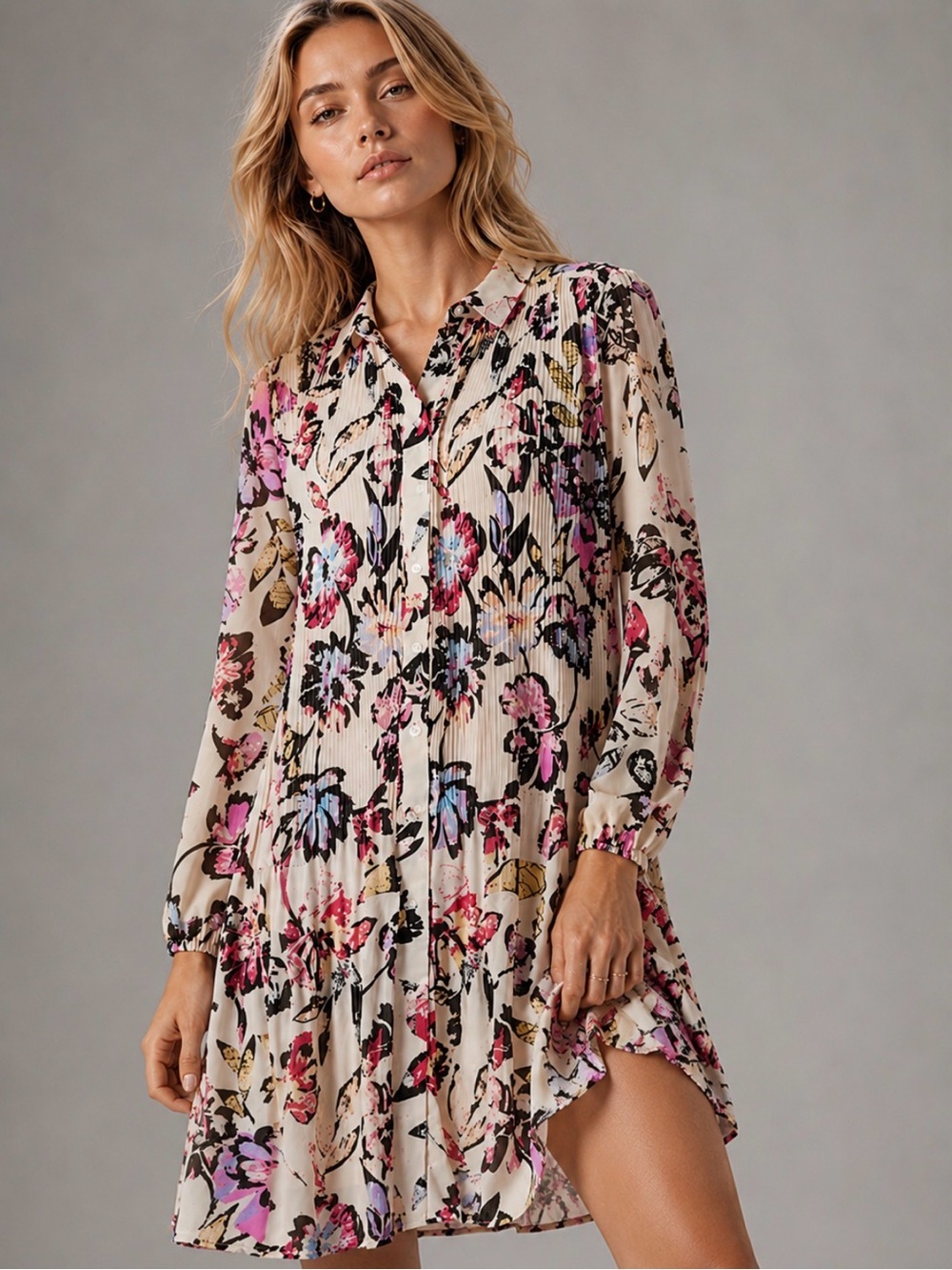 ICHI Elly Crystal Grey Floral Pleated Shirt Dress Size 38/M